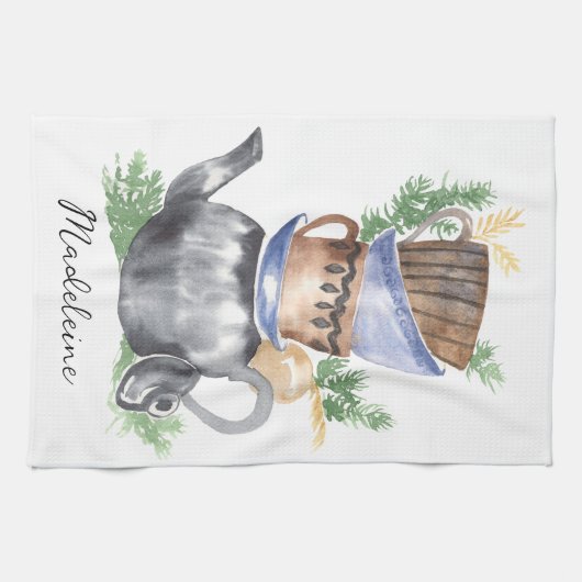 Linge De Cuisine Aquarelle Teapot & Teapot Nom du script (Horizontal)