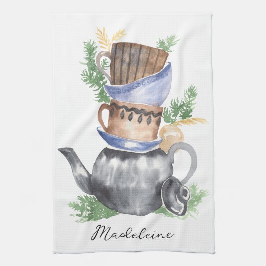 Linge De Cuisine Aquarelle Teapot & Teapot Nom du script (Vertical)