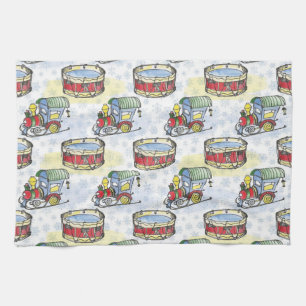 Linge De Cuisine Aquarelle train de Noël et tambour dessiné main