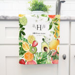 Linge De Cuisine Aquarelle Tropical Citrus Fruit Monogramme<br><div class="desc">Avec un monogramme initial entouré de branches avec un nom de famille et date établie, et de beaux fruits luxuriants et verdure. Lumineux et gais, le rose pamplemousse ajoute des ppops roses éclatants qui sont équilibrés par plus d'agrumes, d'orange sucrée, de citron, de citron vert et de kiwi dans les...</div>