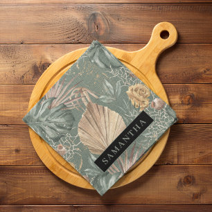 Linge De Cuisine Aquarelle Tropicale Gold & Green Feuille Motif