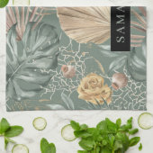 Linge De Cuisine Aquarelle Tropicale Gold & Green Feuille Motif (Plié)