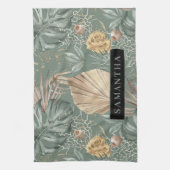 Linge De Cuisine Aquarelle Tropicale Gold & Green Feuille Motif (Vertical)