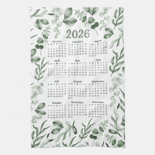 Linge De Cuisine Aquarelle Vert Feuilles 2026 Calendrier (Vertical)