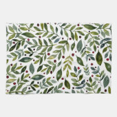 Linge De Cuisine Aquarelle verte branches saisonnières et baies (Horizontal)