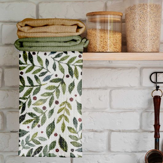 Linge De Cuisine Aquarelle verte branches saisonnières et baies