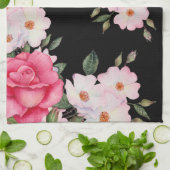 Linge De Cuisine Aquarelle Vibrant rose Roses blanches Moderne Noir (Plié)