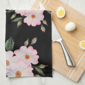 Linge De Cuisine Aquarelle Vibrant rose Roses blanches Moderne Noir (Quart Plié)