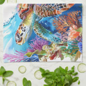 Linge De Cuisine Aquarelle Vibrante Tortue marine (Plié)