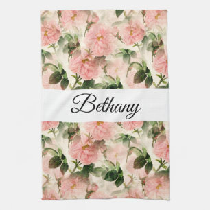 Linge De Cuisine Aquarelle Vintage Rose Motif de fleurs Monogramme