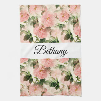 Linge De Cuisine Aquarelle Vintage Rose Motif de fleurs Monogramme