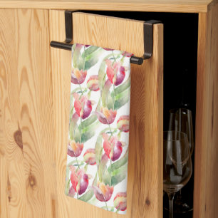 Linge De Cuisine Aquarelle Vintage Rouges Tulipes Pré Pâques