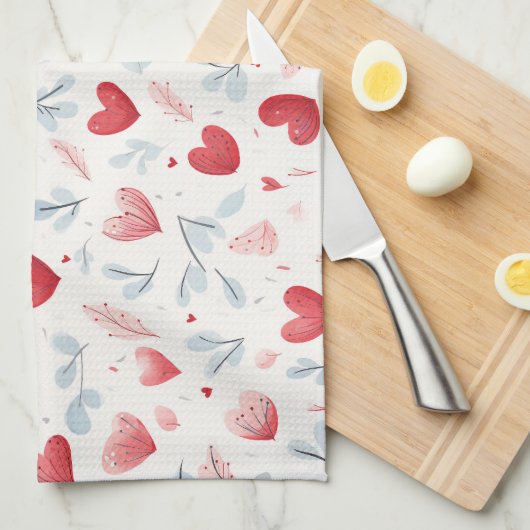 Linge De Cuisine Aquarelle Whimsical Coeurs et Motif Feuille (Quart Plié)