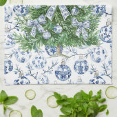 Linge De Cuisine Arbre blanc bleu de Noël ornementé avec des vaches (Plié)