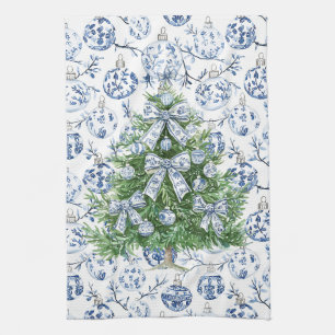 Linge De Cuisine Arbre blanc bleu de Noël ornementé avec des vaches