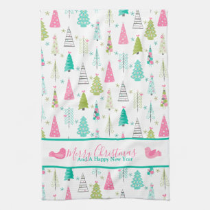 Linge De Cuisine Arbre de Noël minimaliste moderne Motif rose Turqu