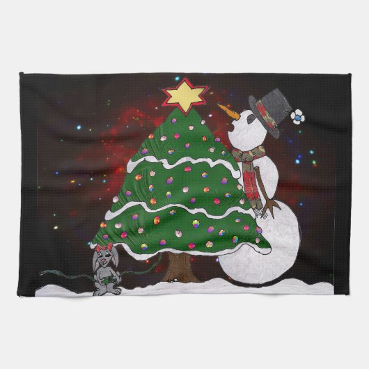 Linge De Cuisine Arbre de Noël Snowman Surprise Art Imprimer (Horizontal)