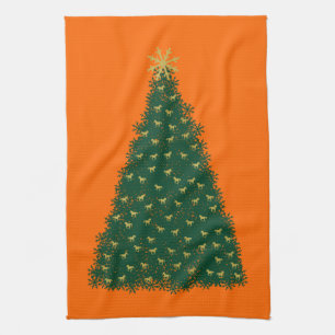 Linge De Cuisine Arbre de Noël vert, Chevaux de course d'or, Orange