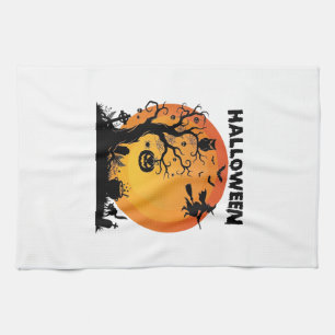 Linge De Cuisine Arbre effrayant Halloween Sorcière volante Lune or