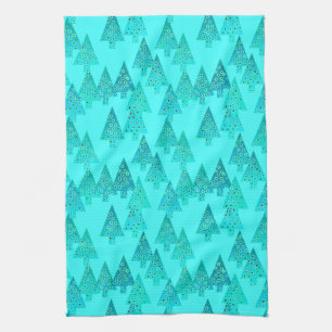 Linge De Cuisine Arbres de Noël à fleurs modernes - aqua & paon