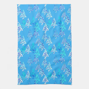 Linge De Cuisine Arbres de Noël à fleurs modernes - bleu ciel