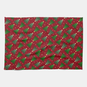 Linge De Cuisine Arbres de Noël en diagonale avec étoiles sur Red C