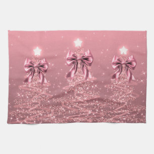 Linge De Cuisine Arbres Étincelants de Noël Ruban Faux Blush Rose