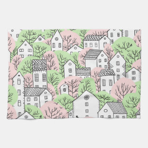 Linge De Cuisine Arbres, maisons, paysage de la ville de printemps