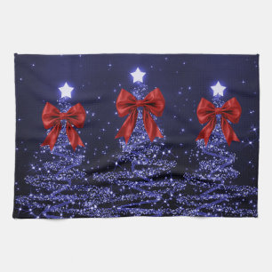 Linge De Cuisine Arbres scintillants de Noël Navy Blue avec faux nœ