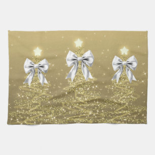 Linge De Cuisine Arbres scintillants de Noël Or Nœuds Faux Argent