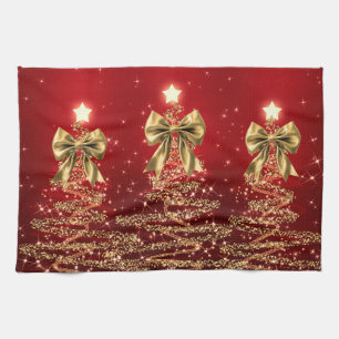 Linge De Cuisine Arbres scintillants de Noël Rouge Or Faux Nœud