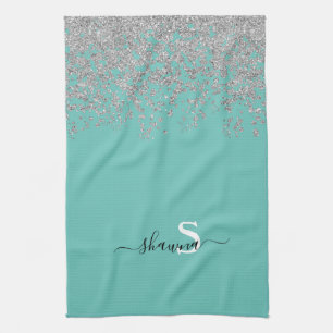 Linge De Cuisine Argent fillette et Turquoise Monogram Aqua Étincel