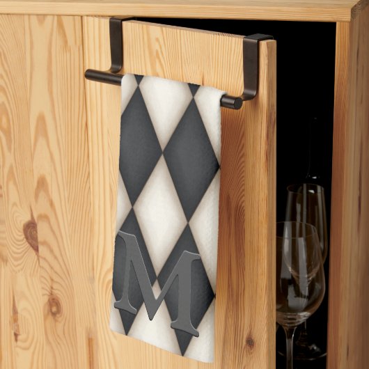 Linge De Cuisine Arlequin noir et blanc Dramatique 3-D Monogramme (Pliage en tiers)