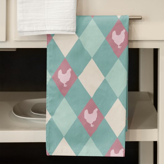 Linge De Cuisine Arlequin Turquoise Et Rose Poulet