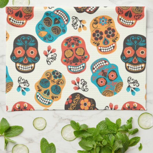 Linge De Cuisine Arrière - plan de crânes décorés (Plié)