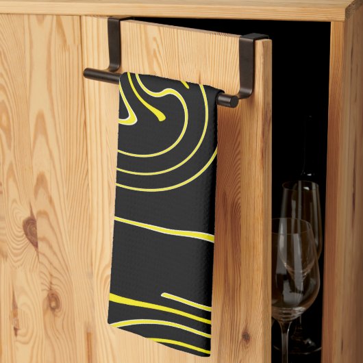 Linge De Cuisine Art Abstrait Noir Blanc Jaune Lignes Minimalisme (Pliage en tiers)