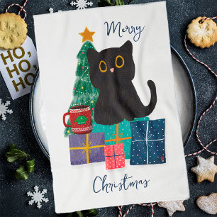 Linge De Cuisine Art de café de chat noir mignon Noël festif