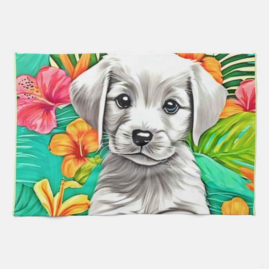 Linge De Cuisine Art de chiot floral (Horizontal)