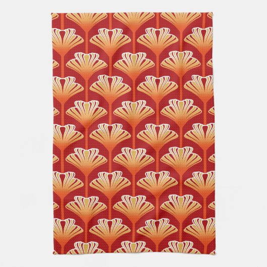 Linge De Cuisine Art Déco Lily, Tangerine Orange et Or (Vertical)