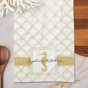 Linge De Cuisine Art Déco Ocean Wave Gold Seahorse Beach House