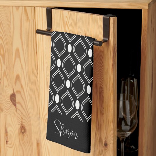 Linge De Cuisine Art Déco Perles Noir Et Blanc Monogrammé (Pliage en tiers)