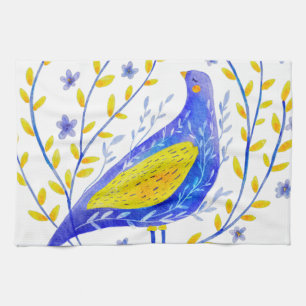 Linge De Cuisine Art d'oiseau bleu et jaune à l'aquarelle moderne