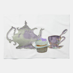 Linge De Cuisine Art lilas de coeurs, de théière et de tasse de t