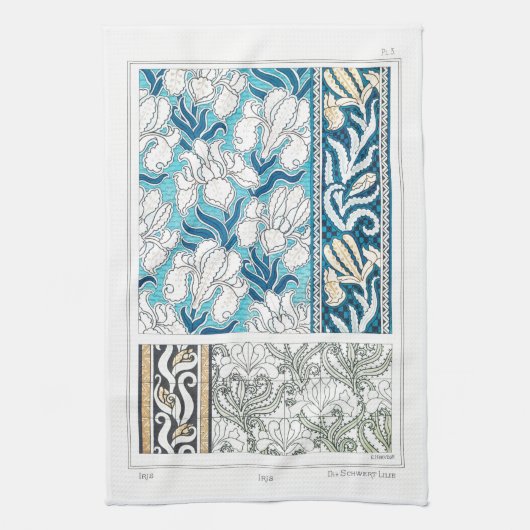 Linge De Cuisine Art nouveau iris lys floral textile art bleu (Vertical)