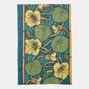 Linge De Cuisine Art Nouveau Nasturtium Bleu Or floral Verneuil