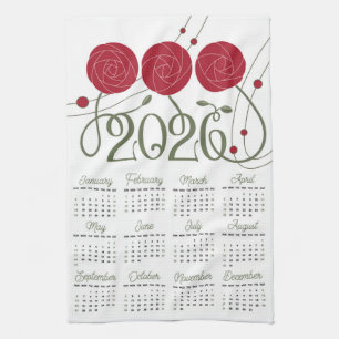 Linge De Cuisine Art Nouveau Retro Floral Rouge Rose 2026 Calendrie