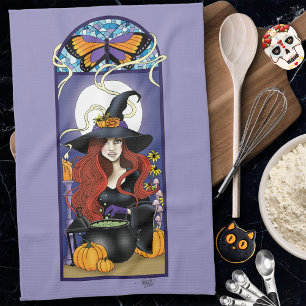 Linge De Cuisine Art Nouveau Sorcière d'Automne Citrouilles Lune Vi