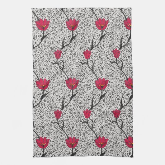 Linge De Cuisine Art Nouveau Tulip Damask, gris et rouge (Vertical)