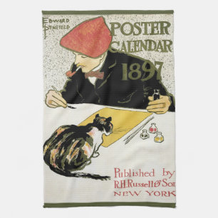 Linge De Cuisine Art Nouveau vintage, artiste peignant avec un chat
