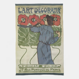 Linge De Cuisine Art Nouveau vintage, Peinture Artiste Fleurs De Pa